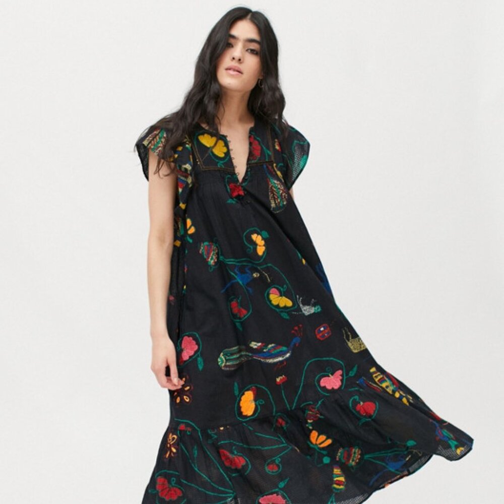 Urban Outfitters Willow Frock Midi Dress Black Multicolor Embroidered Floral-XS
